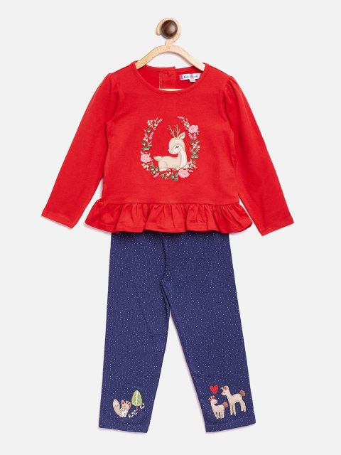 

Nauti Nati Girls Red & Navy Blue Embroidered Top with Leggings