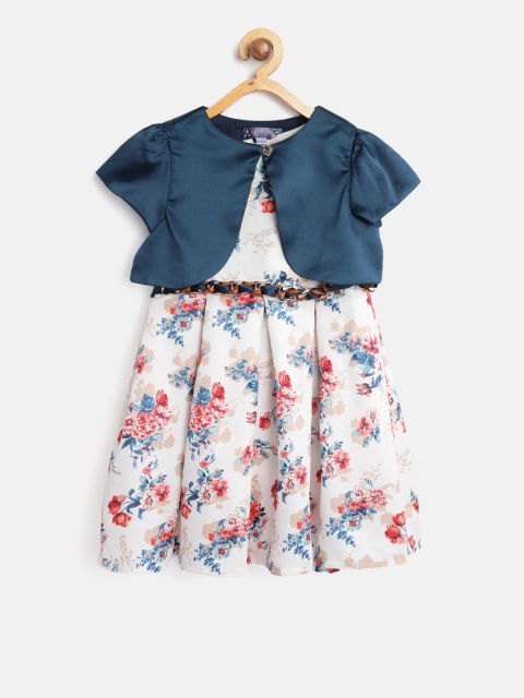 

Nauti Nati Girls Off-White & Teal Blue Printed A-Line Dress with Shrug