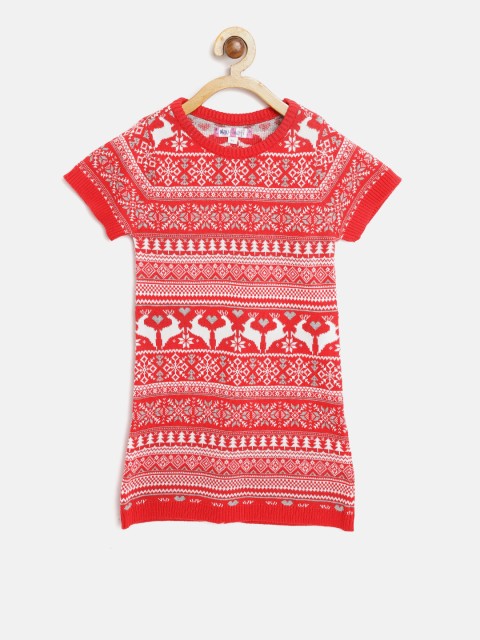 

Nauti Nati Girls Red & White Self Design Sweater Dress