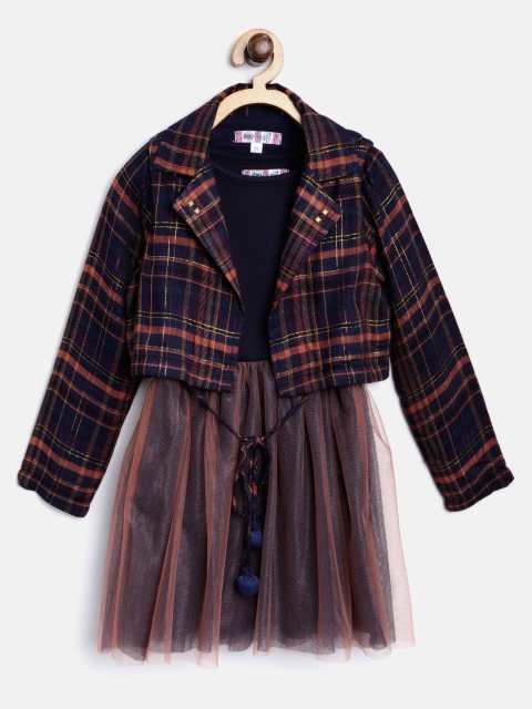 

Nauti Nati Girls Navy Blue & Brown Solid Fit and Flare Dress with Jacket