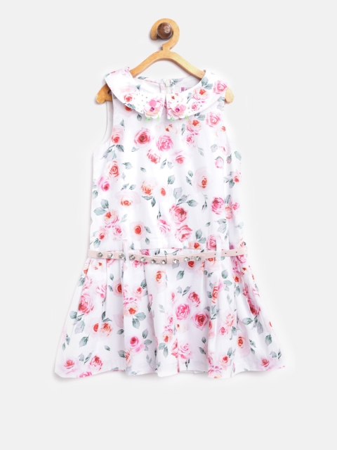 

Nauti Nati Girls White & Pink Printed Drop-Waist Dress