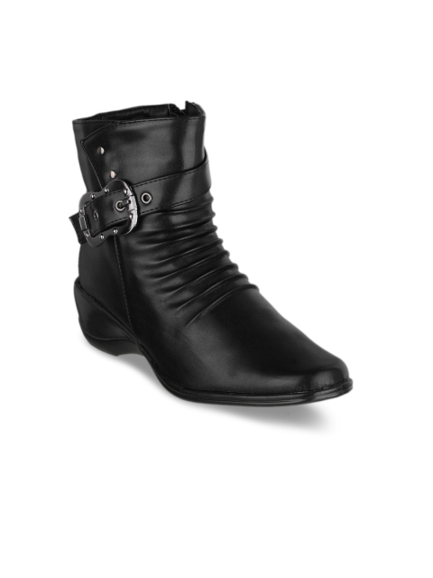 

SHUZ TOUCH Women Black Solid Synthetic Mid-Top Flat Boots