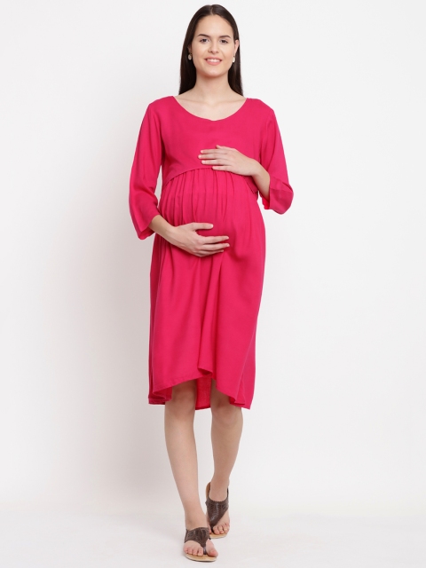 

Mine4Nine Women Pink Solid Fit and Flare Maternity Dress