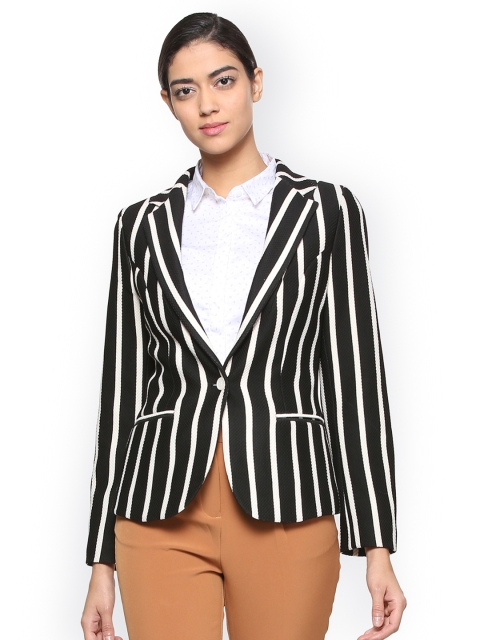 

Van Heusen Woman Black & White Striped Single-Breasted Blazer