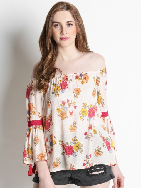

AKKRITI BY PANTALOONS Women Off-White Printed Bardot Top