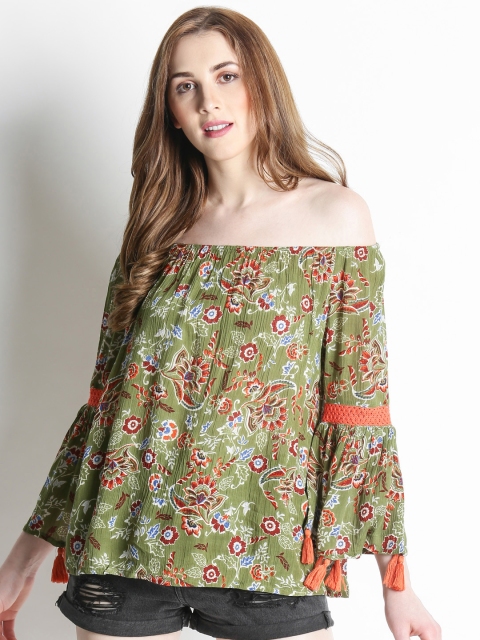 

AKKRITI BY PANTALOONS Women Olive Green Printed Bardot Top