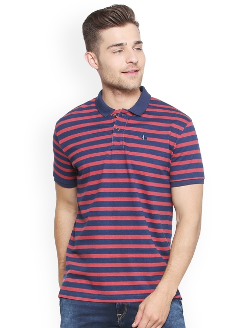 

People Men Navy Blue Striped Polo Collar T-shirt