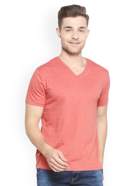 

People Men Coral Solid V-Neck T-shirt