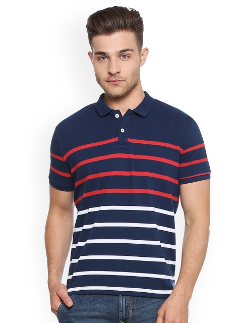 

People Men Navy Blue Striped Polo Collar T-shirt