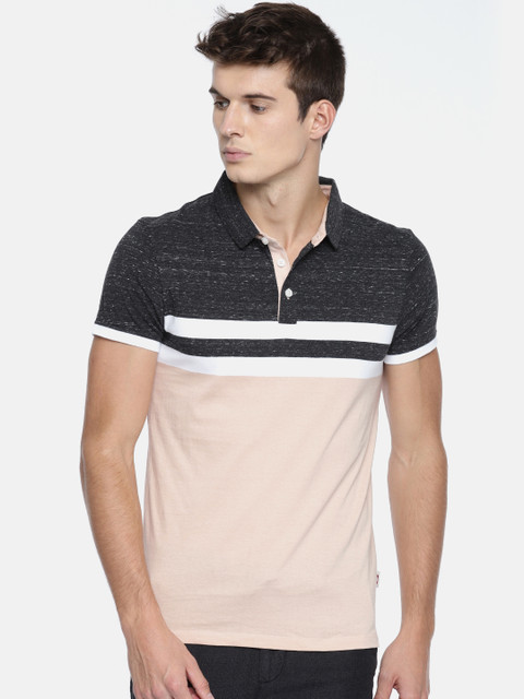 

Jack Jones Men Peach-Coloured Grey Colourblocked Polo Collar Pure Cotton T-shirt