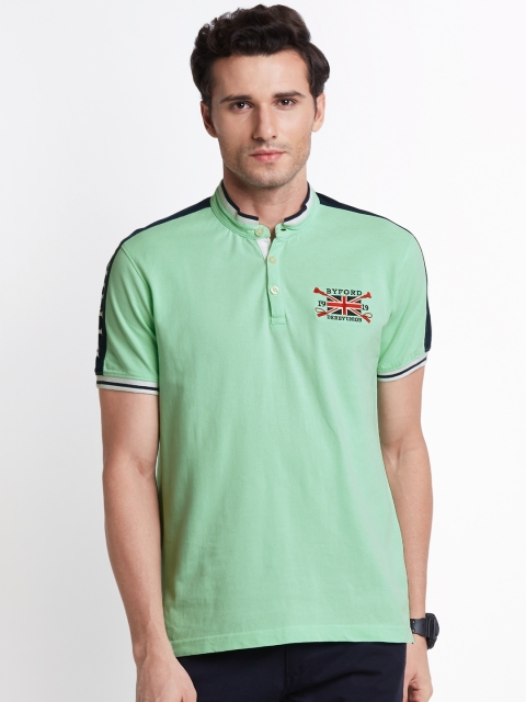 

BYFORD by Pantaloons Men Green Solid Mandarin Collar T-shirt