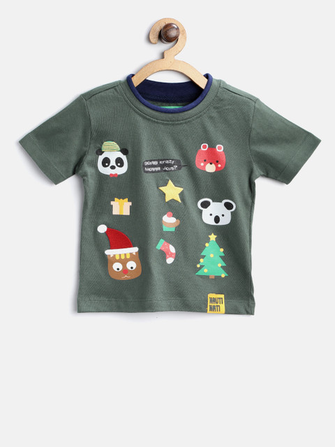 

Nauti Nati Boys Olive Green Printed Round Neck T-shirt