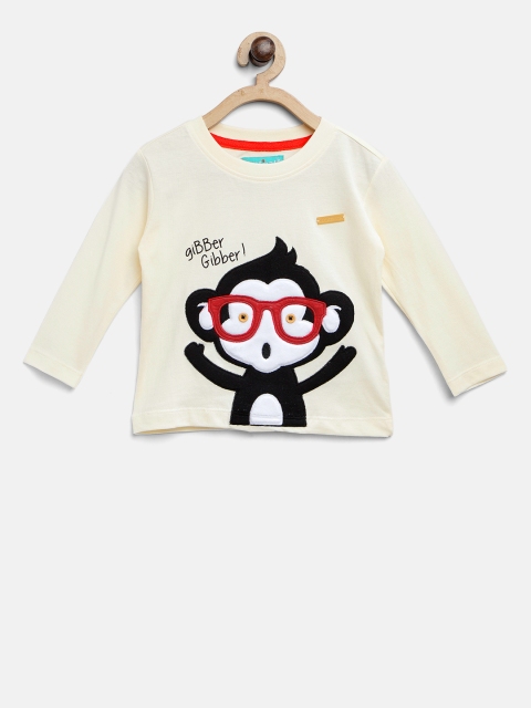 

Nauti Nati Boys Cream-Coloured Applique Round Neck T-shirt
