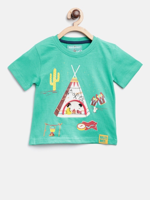 

Nauti Nati Boys Sea Green Printed Round Neck T-shirt