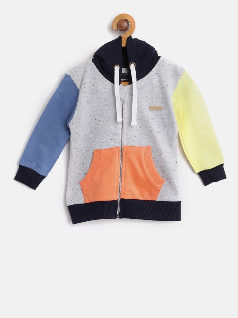 

Nauti Nati Boys Grey Melange & Peach-Coloured Colourblocked Hooded Sweatshirt