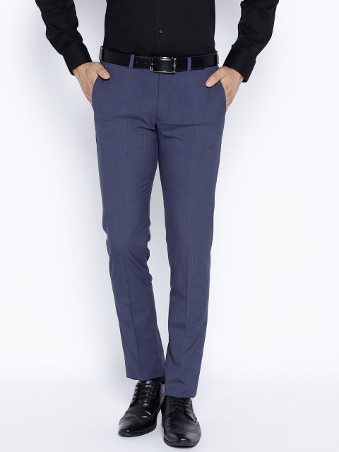 

Blackberrys Men Navy Blue Regular Fit Checked Formal Trousers