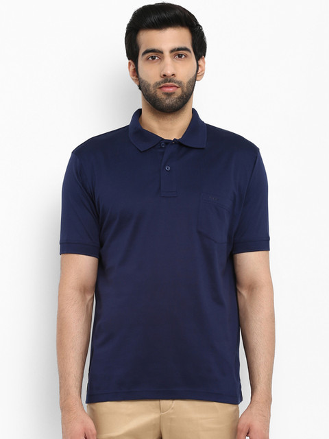

ColorPlus Men Navy Classic Fit Solid Polo Collar Pure Cotton T-shirt, Navy blue