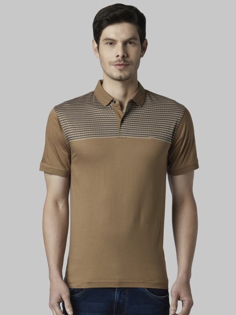 

Park Avenue Men Beige Striped Polo Collar Pure Cotton T-shirt