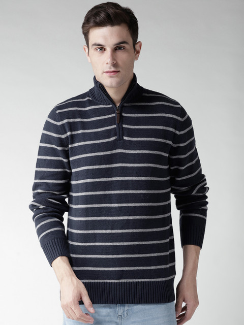 

Aeropostale Men Navy Blue & Grey Striped Pullover