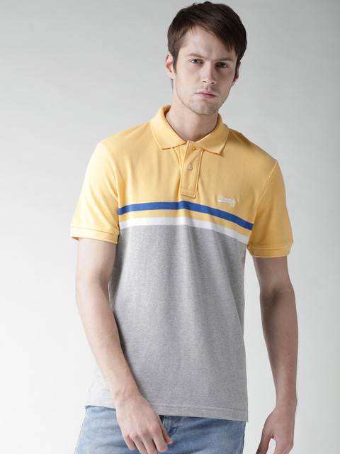 

Aeropostale Men Grey Melange & Yellow Colourblocked Polo Collar T-shirt