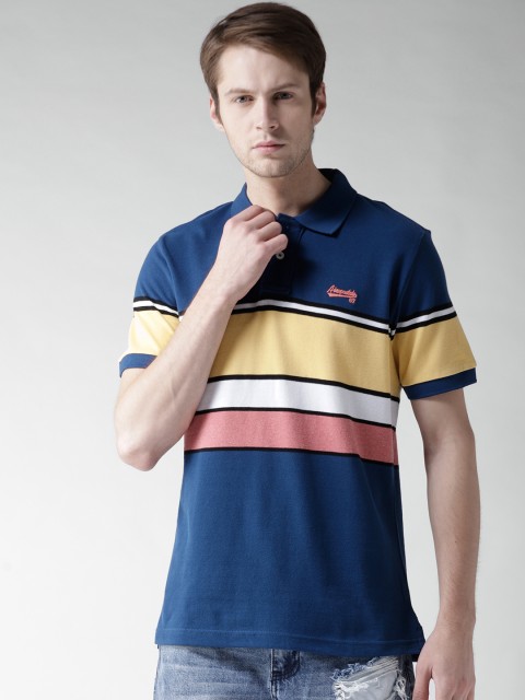 

Aeropostale Men Navy Blue & Yellow Striped Polo Collar T-shirt