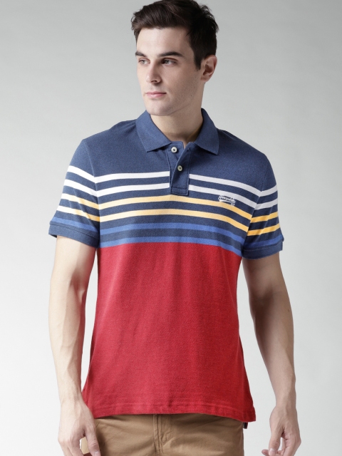 

Aeropostale Men Red Blue Striped Polo Collar Pure Cotton T-shirt