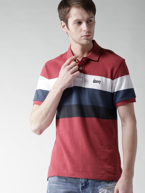 

Aeropostale Men Red Blue Striped Polo Collar Pure Cotton T-shirt