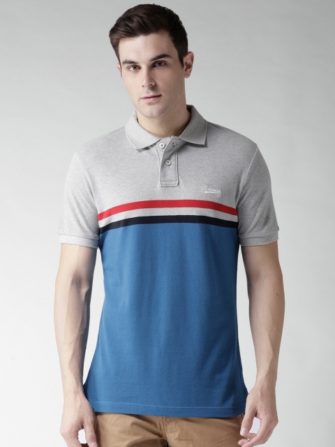 

Aeropostale Men Blue & Grey Melange Colourblocked Polo Collar T-shirt