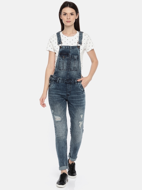 

Lee Cooper Women Blue Solid Slim Fit Mildly Distressed Denim Dungarees