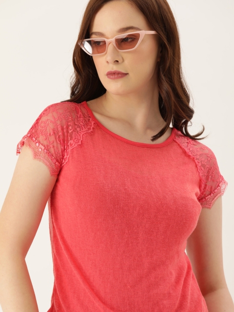 

Lee Cooper Women Coral Orange Solid Round Neck Lace T-shirt