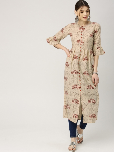 

Libas Women Beige & Maroon Printed Straight Kurta