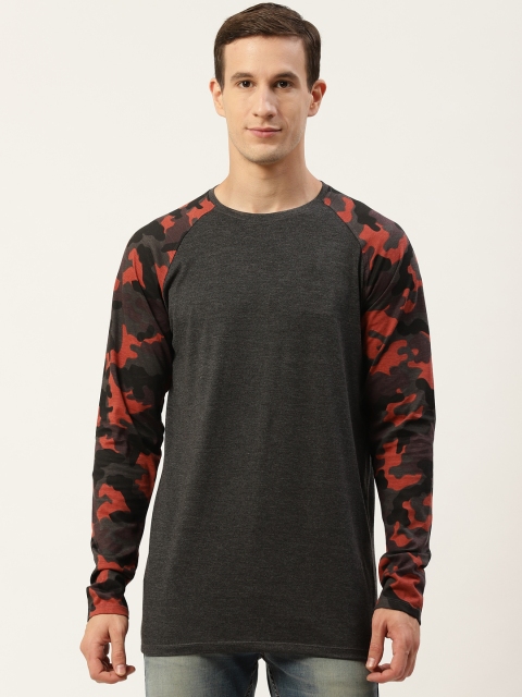 

SKULT by Shahid Kapoor Men Charcoal Grey & Rust Red Solid Round Neck T-shirt