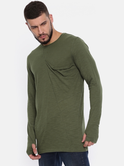 

SKULT by Shahid Kapoor Men Olive Green Solid Round Neck Longline T-shirt