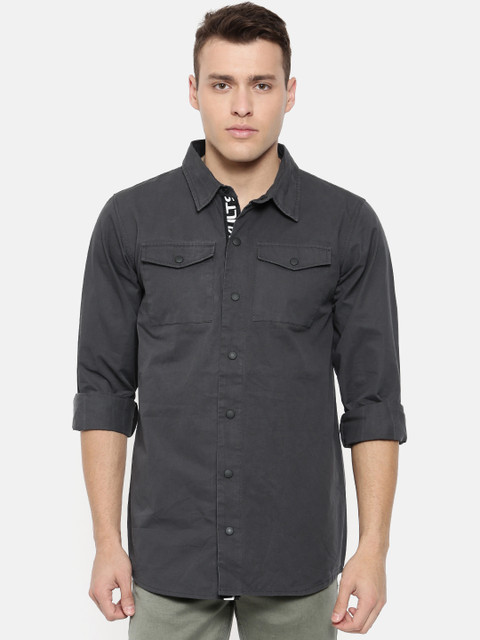 

SKULT by Shahid Kapoor Men Charcoal Grey Classic Regular Fit Solid Casual Hooded Shirt