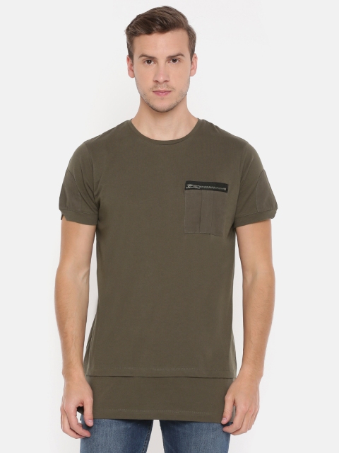 

SKULT by Shahid Kapoor Men Olive Green Solid Round Neck Longline T-shirt