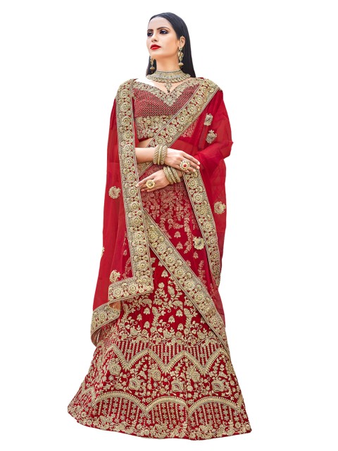 

Chhabra 555 Red & Gold-Toned Embellished Semi-Stitched Lehenga & Unstitched Blouse with Dupatta