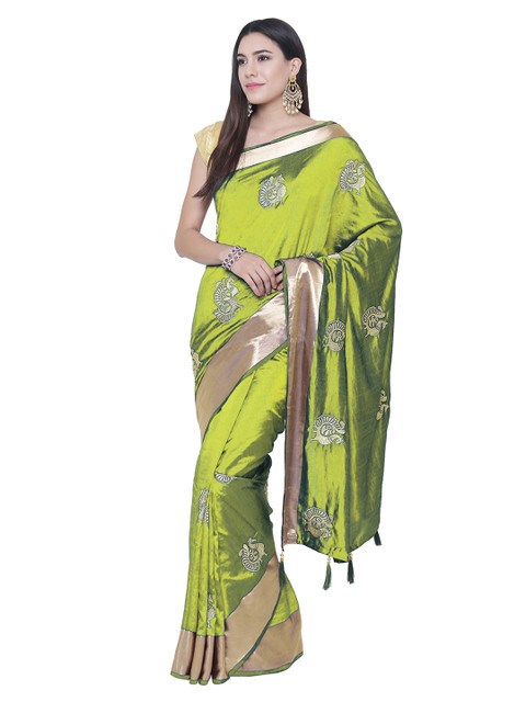 

Chhabra 555 Green & Gold-Toned Silk Blend Embroidered Banarasi Saree