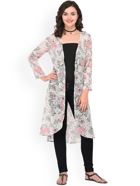 

PURYS White & Pink Floral Print Open Front Shrug