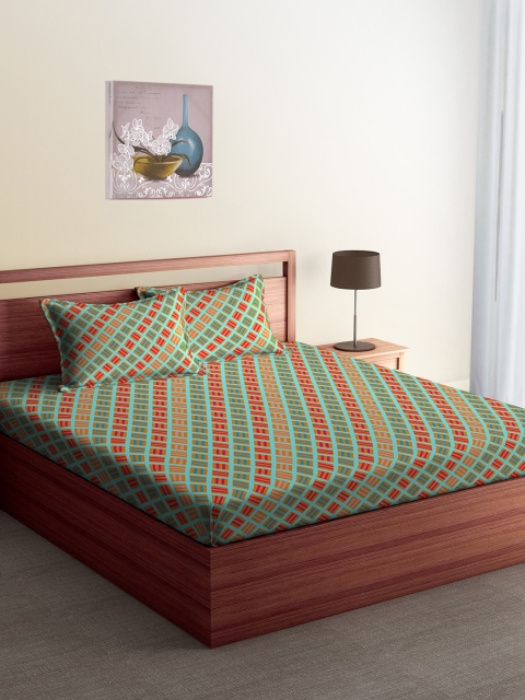 

CORE Designed by SPACES Green & Red Geometric Flat 104 TC Cotton 1 Queen Bedsheet with 2 Pillow Covers