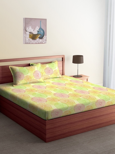 

CORE Designed by SPACES Lime Green & Cream-Coloured Abstract Flat 104 TC Cotton 1 Queen Bedsheet with 2 Pillow Covers