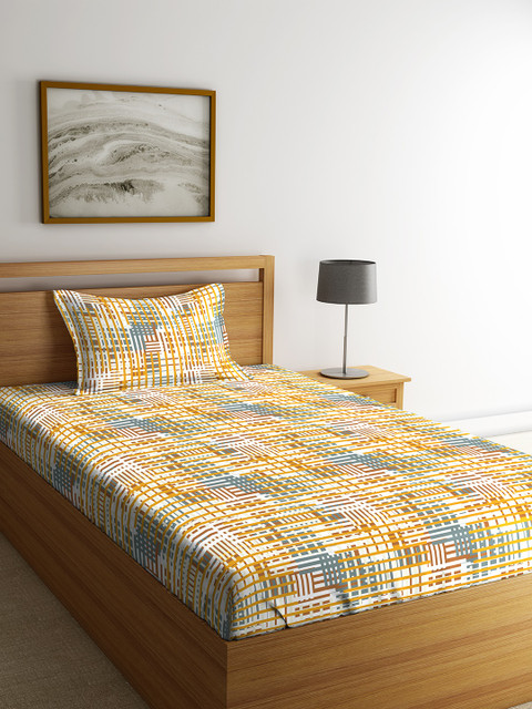 

CORE Designed by SPACES Gold-Toned & Multicoloured Abstract Flat 144 TC Cotton 1 Single Bedsheet with 1 Pillow Covers