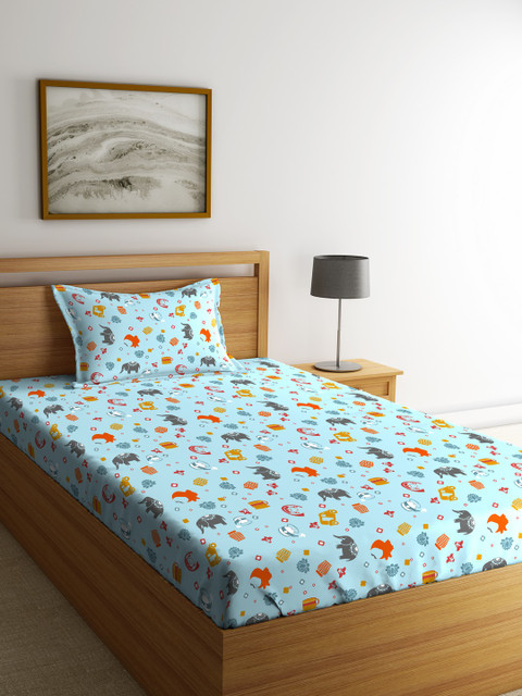 

CORE Designed by SPACES Blue Printed Flat 104 TC Cotton Single Bedsheet with Pillow Cover