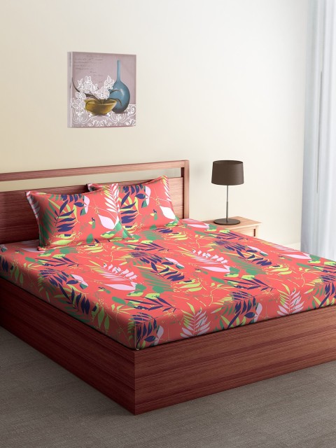 

CORE Designed by SPACES Red Floral Flat 104 TC Cotton 1 Queen Bedsheet with 2 Pillow Covers