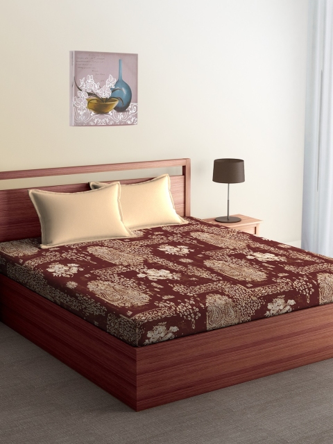 

CORE Designed by SPACES Brown & Cream-Coloured Ethnic Motifs Flat 144 TC Cotton 1 Queen Bedsheet with 2 Pillow Covers