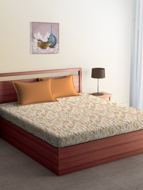

CORE Designed by SPACES Brown & Off-White Floral Flat 144 TC Cotton 1 Queen Bedsheet with 2 Pillow Covers