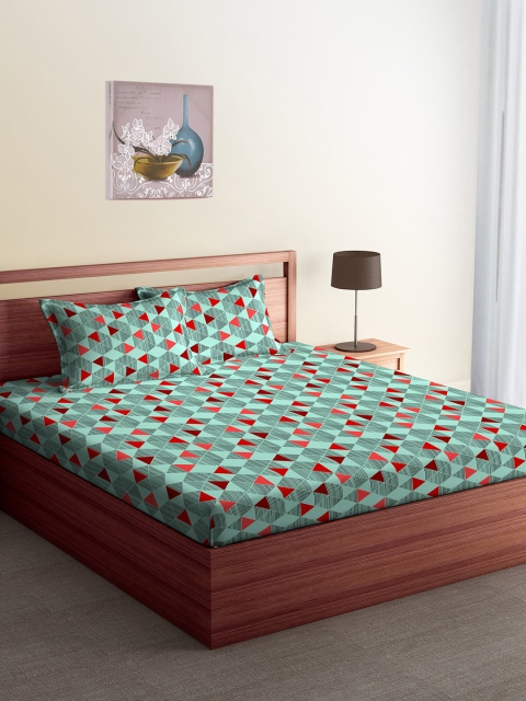 

CORE Designed by SPACES Green & Red Geometric Flat 104 TC Cotton 1 Queen Bedsheet with 2 Pillow Covers