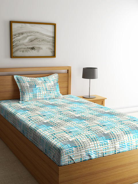 

CORE Designed by SPACES Grey & Turquoise Blue Abstract Flat 144 TC Cotton 1 Single Bedsheet with 1 Pillow Covers