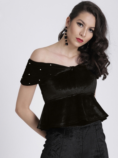 

SASSAFRAS Black Embellished Velvet Off-Shoulder Peplum Top