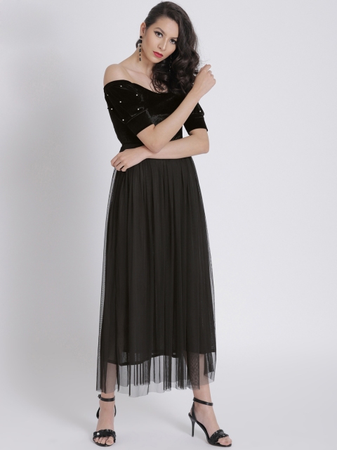 

SASSAFRAS Women Black Embellished Velvet & Net Off-Shoulder Maxi Dress
