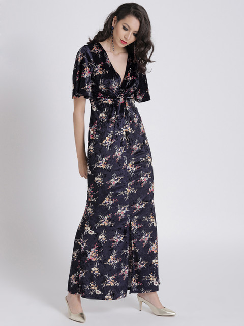 

SASSAFRAS Women Navy Blue Floral Velvet Knot Maxi Dress